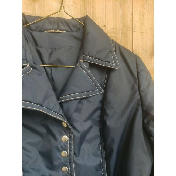 British Mist Navy Belted Fitted Snap Front Coat Vintage w wide Notch Collar M - Picture 3 of 7